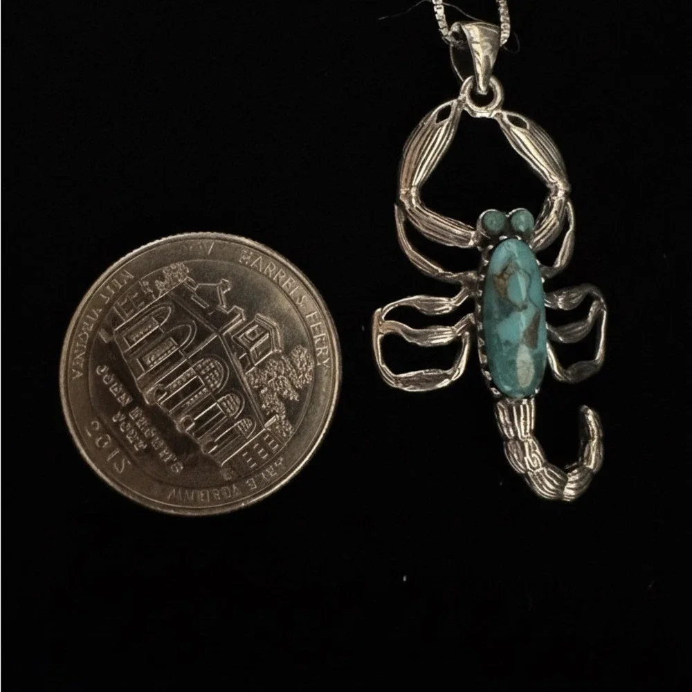 Sterling Silver Scorpion‎ Pendant with genuine turquoise Necklace